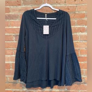 Free People “Parisian Nights” Black Bell Sleeve Eyelet and Waffle Material Top